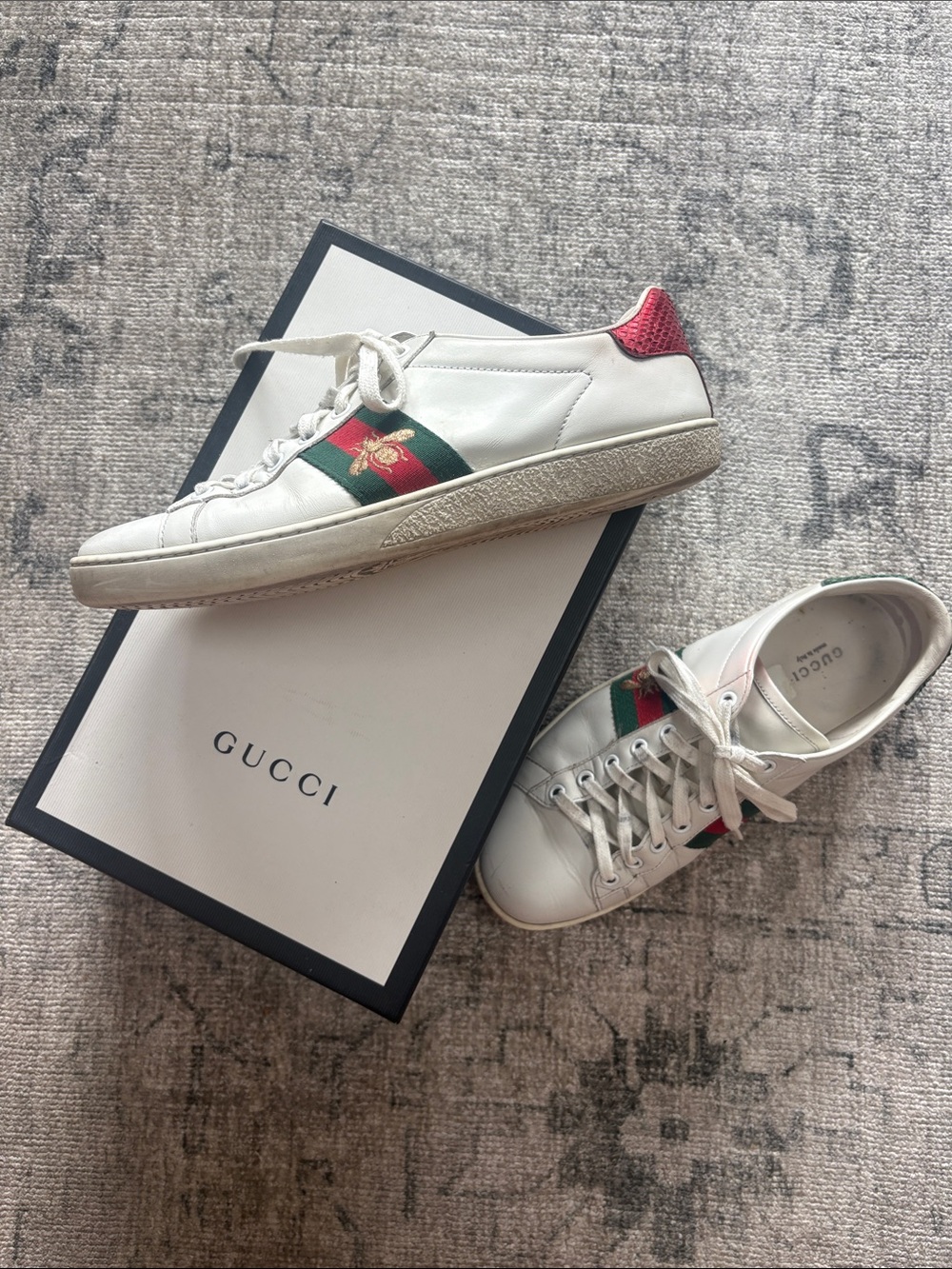 Gucci White Leather Sneakers with Green and Red Web Stripe and Gold Bee